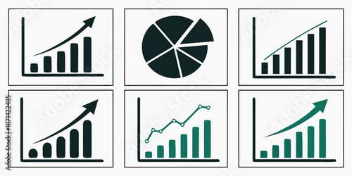 Collection of six distinct financial chart icons illustrating upward trends and proportional data representation for business analysis reports and presentations
