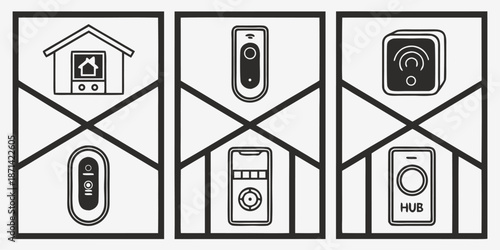 Collection of outline icons representing various smart home security and automation devices including doorbells cameras and central hubs for digital interfaces