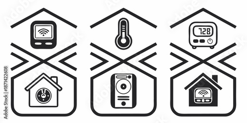 Collection of stylized black and white icons representing various smart home automation systems including climate control security and remote access technologies