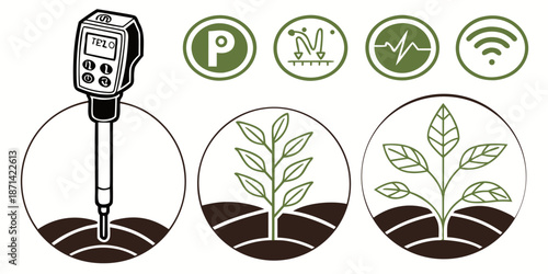 Collection of precision agriculture icons illustrating soil testing, nutrient monitoring, plant health indicators, and wireless connectivity for modern farming practices