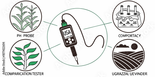 Diagram illustrating a central testing device connected to various agricultural monitoring components including ph probes and soil testing concepts for farming analysis