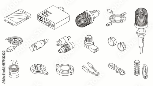 Comprehensive collection of audio recording equipment and electronic gadgets, including microphones, smartphone, and cables, in isometric line art.