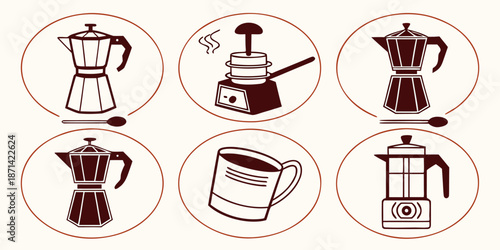 Collection of minimalist vector icons depicting various moka pot coffee makers and related brewing accessories for beverage preparation concepts.