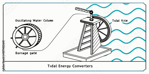 Diagram illustrating various renewable ocean energy technologies including the oscillating water column barrage gate and the tidal kite system conversion principle