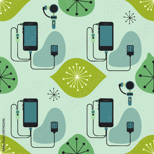 Seamless retro pattern of smartphones with microphones and audio recording gear, perfect for mobile podcasting, voice recording, and digital communication concepts.