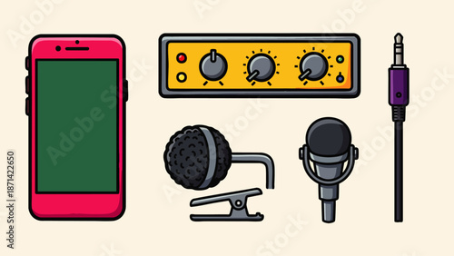 Compact Audio Recording Setup for Podcasting, Streaming, and Content Creation. Vector Illustration: Smartphone, Microphones, Audio Interface, and Cables.