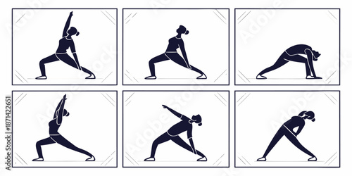 Collection of six stylized silhouette icons depicting various warrior yoga poses demonstrating strength flexibility and mindful body alignment in exercise sequences
