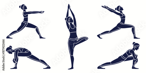 Collection of five stylized female yoga poses demonstrating warrior tree and crescent lunge asanas in dark blue silhouette graphics