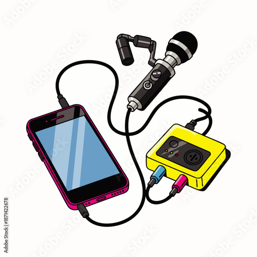 Mobile audio recording setup featuring a smartphone, external microphone, and audio interface. Essential gear for podcasting, streaming, and content creation.