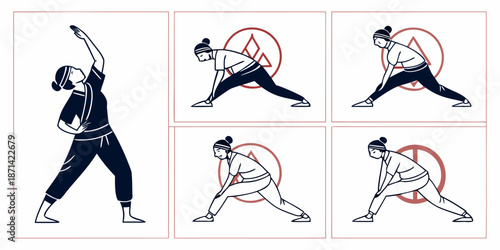 Stylized illustrations depicting a sequence of yoga poses demonstrating proper form and common variations for Warrior poses in an instructional graphic format