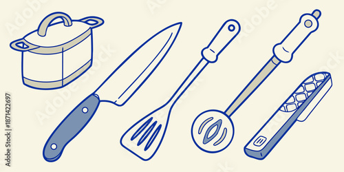 Collection of simple line art illustrations depicting essential kitchen cooking utensils including a lidded pot a chef knife a slotted turner a skimmer and a digital thermometer