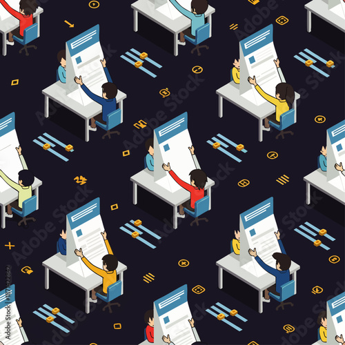Seamless isometric pattern depicting diverse individuals working at computers, managing digital documents and optimizing workflow processes with interface elements.