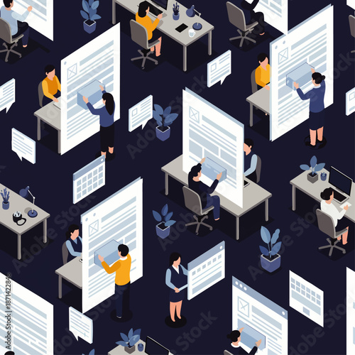 Seamless isometric pattern of business people working in a modern office, interacting with digital documents and computers. Corporate workflow and productivity concept.
