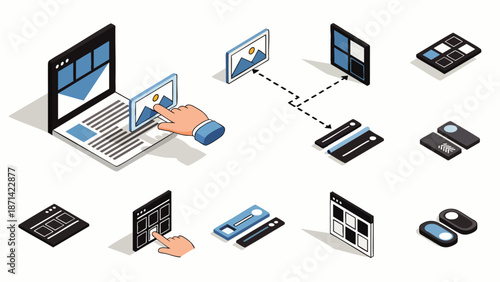 Isometric web design and UI/UX development process, showcasing responsive layouts, digital data transfer, and interactive user interface elements.