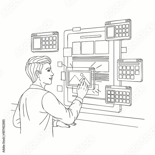 Man interacting with a futuristic digital interface, managing content and data on multiple screens in an innovative technological environment.