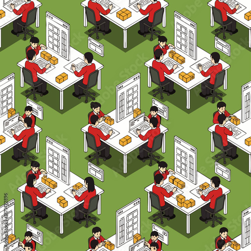 Seamless isometric pattern of people working at computers in a busy office environment, processing data or orders, concept of online work and productivity.