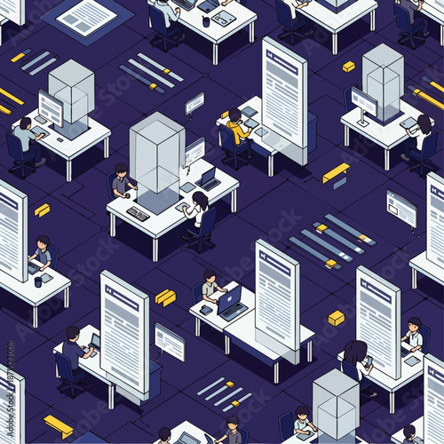 Isometric office environment with professionals working on computers, surrounded by digital data, symbolizing modern business operations and efficient workflow.