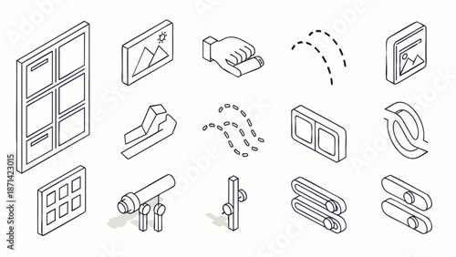 Modern Isometric Line Icons Set for UI/UX Design. Collection of Digital Interface Elements, Web, and App Design Symbols in Minimalist Style.