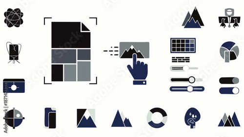 Digital content creation, graphic design, and web development vector icon set. Layout, image editing, UI elements, data visualization, and creative tools for modern projects.