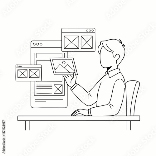 Professional Web Designer Crafting User Interface Layouts and Developing Wireframes for Digital Projects, Illustrating Creative Process and Technology Workflow.