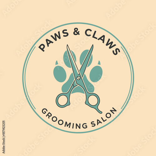 Grooming salon logo featuring scissors and paw print