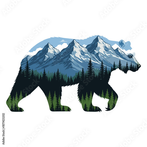 Grizzly Bear Silhouette with Mountain Landscape Scene