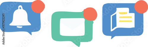 A flat vector illustration depicts notification bubbles with a bell alert, an email message, and a document icon, symbolizing digital notifications and online communication.
