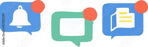 A flat vector illustration depicts notification bubbles with a bell alert, an email message, and a document icon, symbolizing digital notifications and online communication.