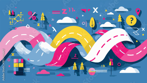 Equation symbols forming a road path journey traced in vibrant geometric illustration