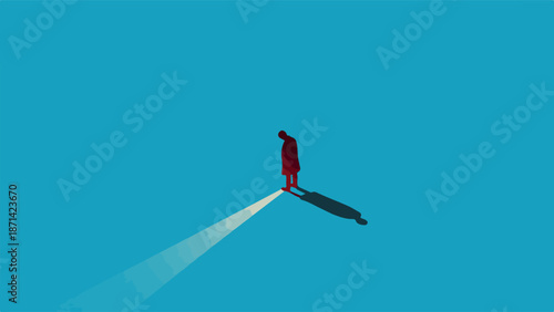 Solitary Figure Illuminated by Spotlight, Casting a Long Shadow - A Symbol of Isolation and Reflection