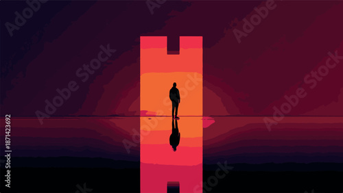 A solitary figure stands silhouetted against a vibrant orange archway, reflecting in the calm water below, symbolizing introspection and the unknown journey ahead