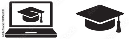 Glyph education icon set featuring a laptop displaying a graduation cap and a separate graduation cap for online learning and academic success