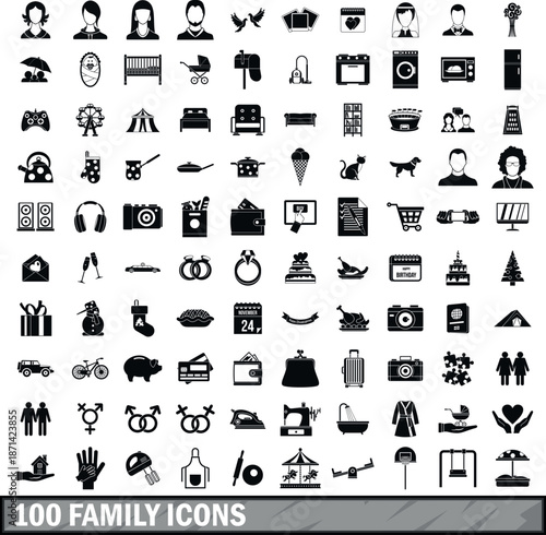 100 family icons set in simple style
