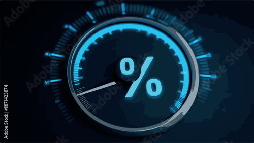 Percentage gauge with pointer indicating a value on a dark blue background, representing financial or performance metrics