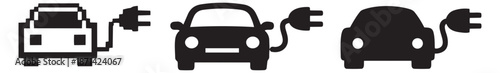 Stylized electric car icon set featuring a pixel art vehicle and modern silhouettes with charging plugs for sustainable transport concepts