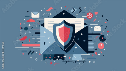 Conceptual illustration depicting robust email security and digital data protection, featuring a shield safeguarding sensitive information and online communication