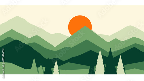 Mountain Landscape with Orange Sun Vector.