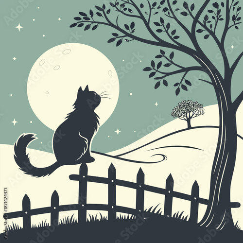 Cozy Fluffy Cat Silhouette Sitting on a Weathered Wooden Fence, Charming Vector