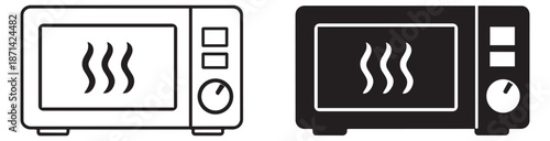 Line art and solid microwave oven icon set featuring heat waves for kitchen appliances