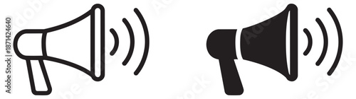 Modern megaphone icon set featuring outline and solid versions emitting sound for alerts and announcements
