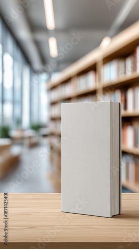 Blank hardcover book standing on a wooden table in a library aisle representing knowledge and education.
