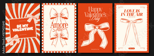 A collection of 4 retro Valentine's Day posters with vintage-style bows, romantic phrases, textured backgrounds, and bold typographic layouts. Ideal for greeting cards, prints, or digital use.