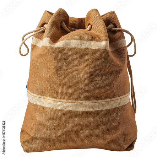Brown Drawstring Bag Made of Fabric on Plain Background