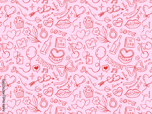 Seamless Valentine Love Doodle Pattern with Hearts and Romantic Icons