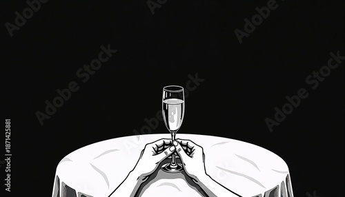 Minimalist artwork featuring hands holding a glass on a table against a black background