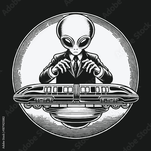 Alien Conspiracy: A Gray in a Suit Manipulating a High-Speed Train.