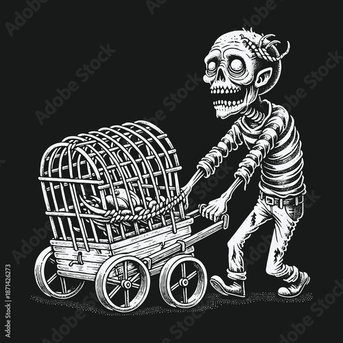 Creepy Zombie Pushing a Cage Cart with a Baby Skeleton.
