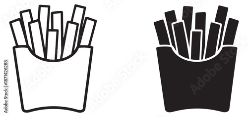 Line art and silhouette fast food icon set featuring french fries in a carton for restaurant menus and snack branding