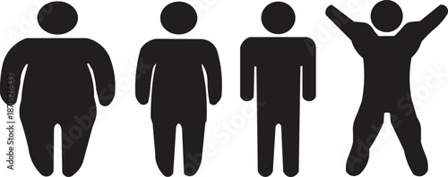 Human Body Weight Transformation Icons Showing Obesity to Fit and Active Lifestyle Progress, Fitness Health Improvement Concept, Medical Diet and Wellness Silhouette Set