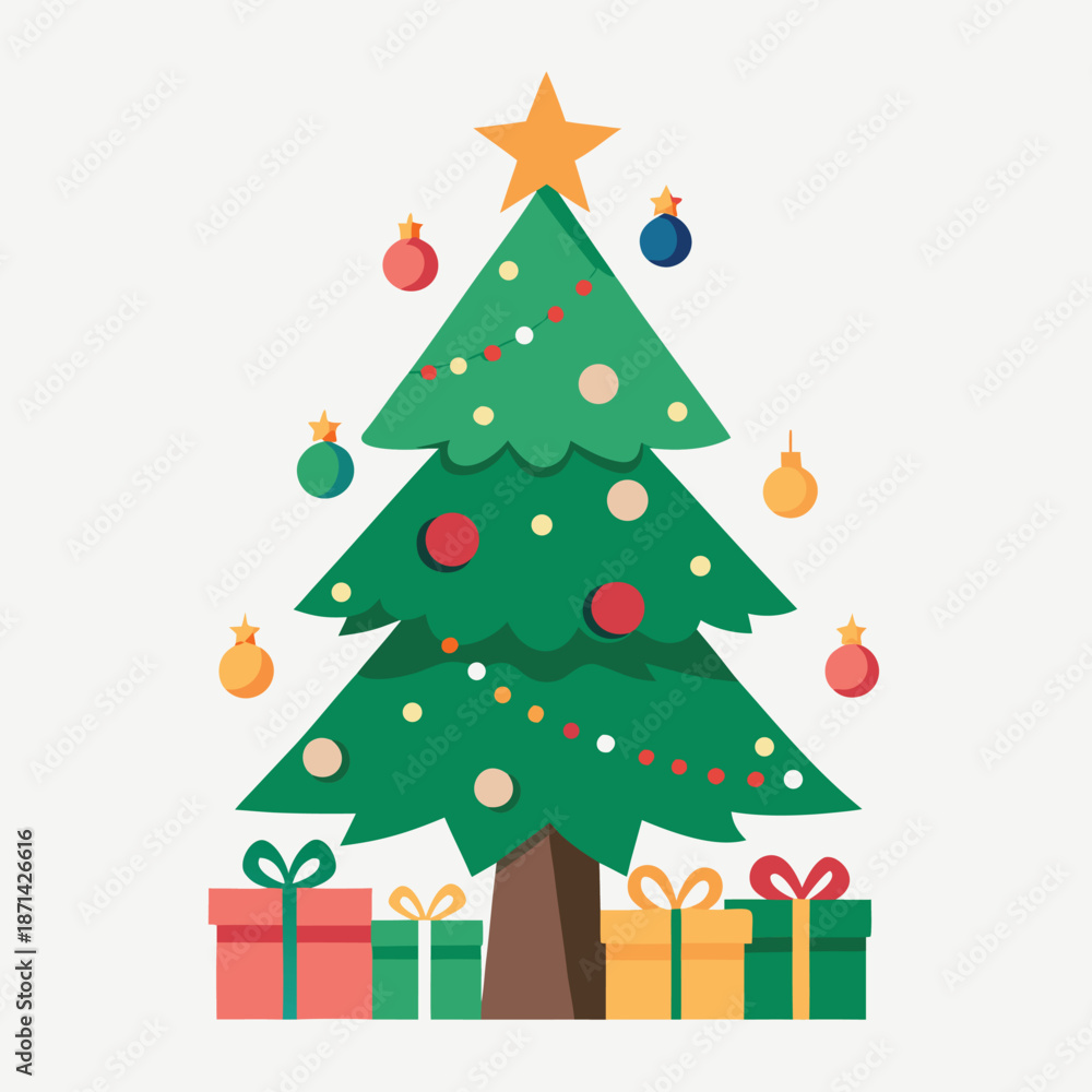 Fototapeta premium Simple Silhouette of a Decorated Christmas Tree with Star Topper - Vector Art